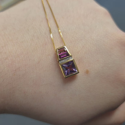 9ct Yellow Gold Amethyst, Garnet, Tourmaline and Diamond Pendant and Chain Neckl