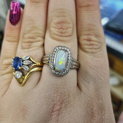 Sterling Silver Opal Doublet and CZ Halo Cushion Shaped Ring